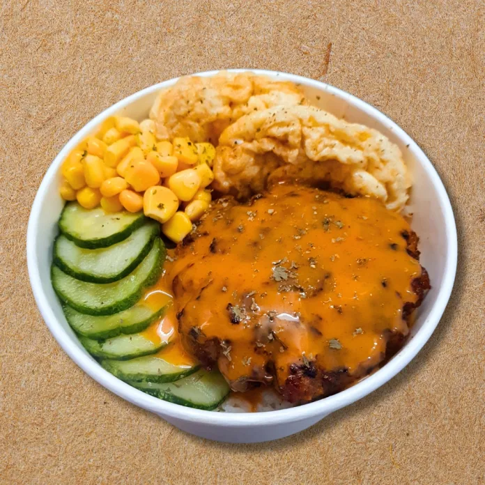 burger pho mai Cơm Burger Sốt Phô Mai Cay